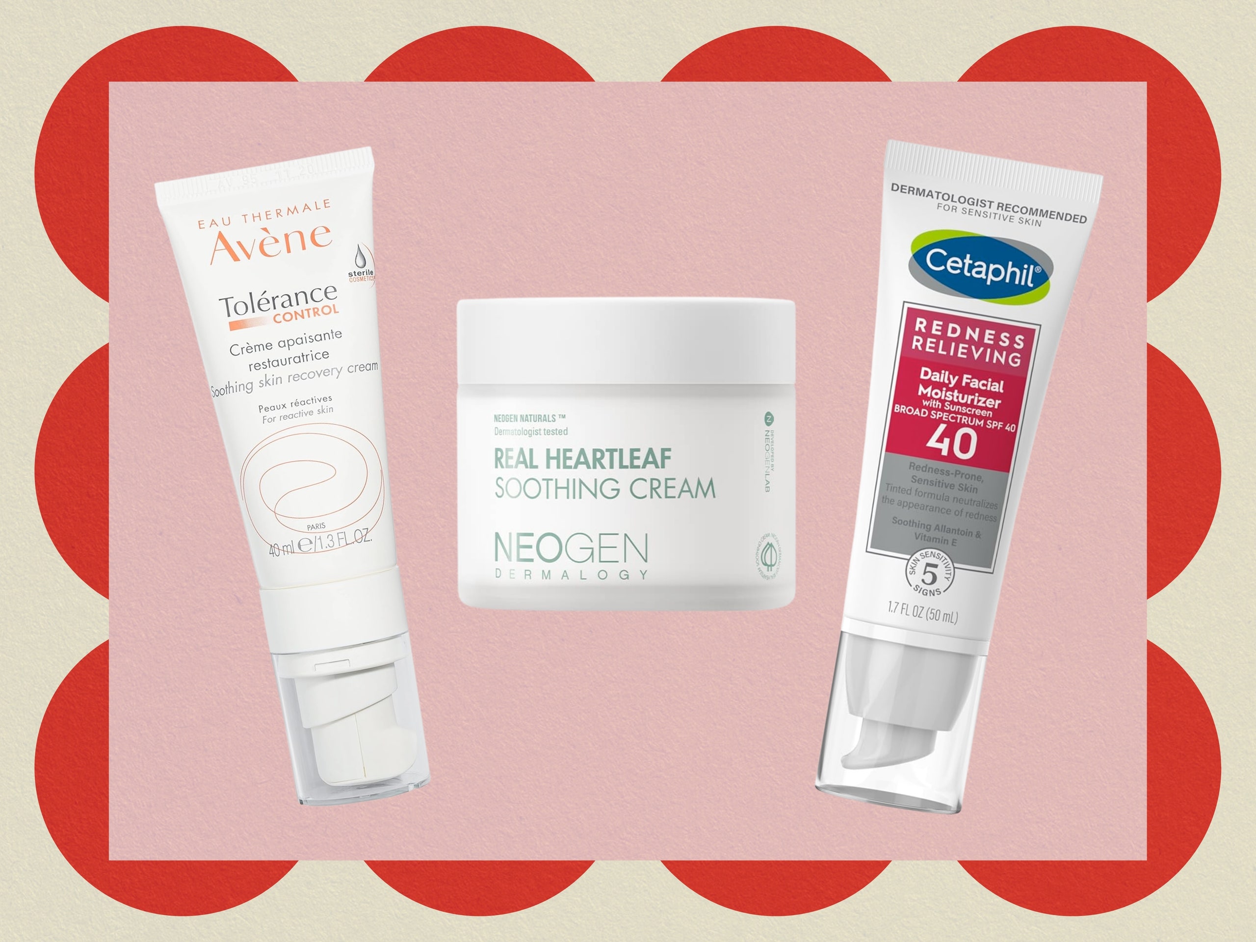 Three of the best moisturizers for rosacea on the face on a pink red and beige background.
