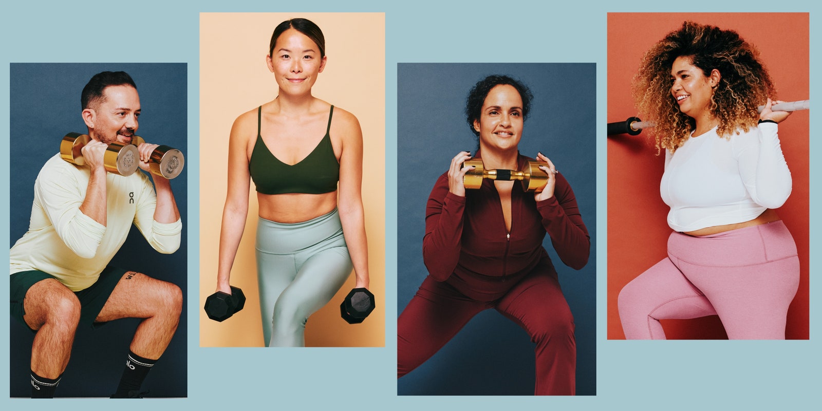 Four different people demonstrating different fitness moves