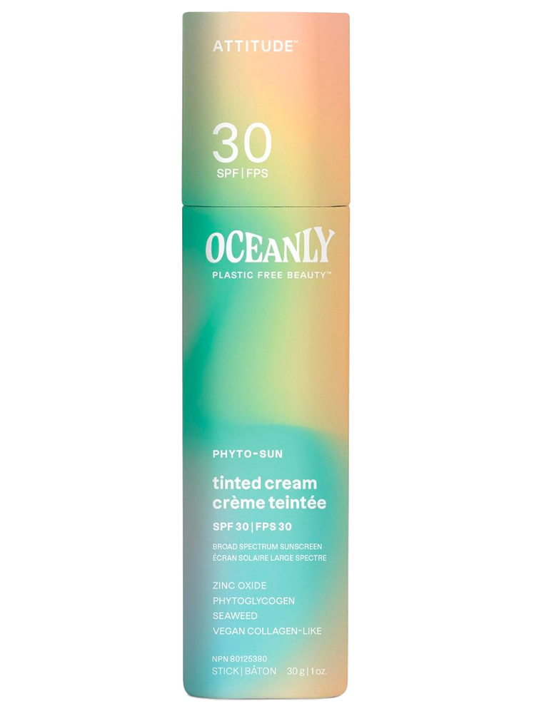 Attitude Solid Tinted Cream SPF 30 with Zinc Oxide in branded component on a white background