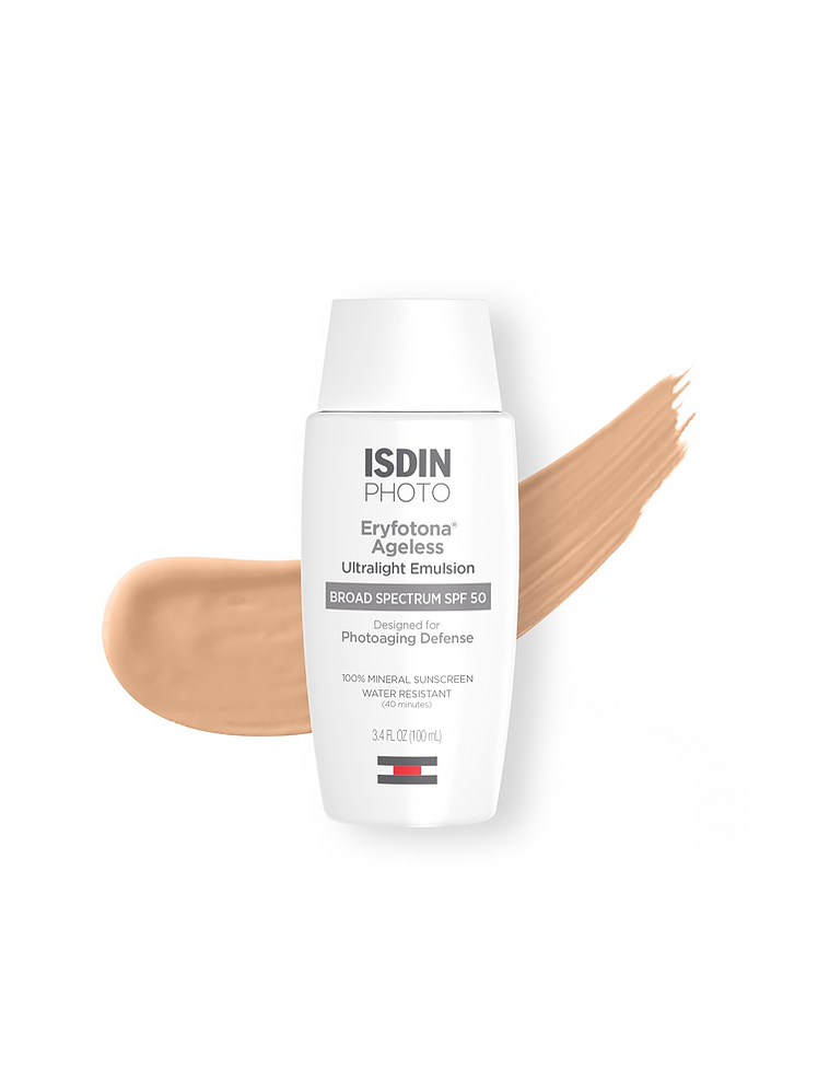 Isdin Eryfotona Ageless Tinted Sunscreen SPF 50 in white bottle